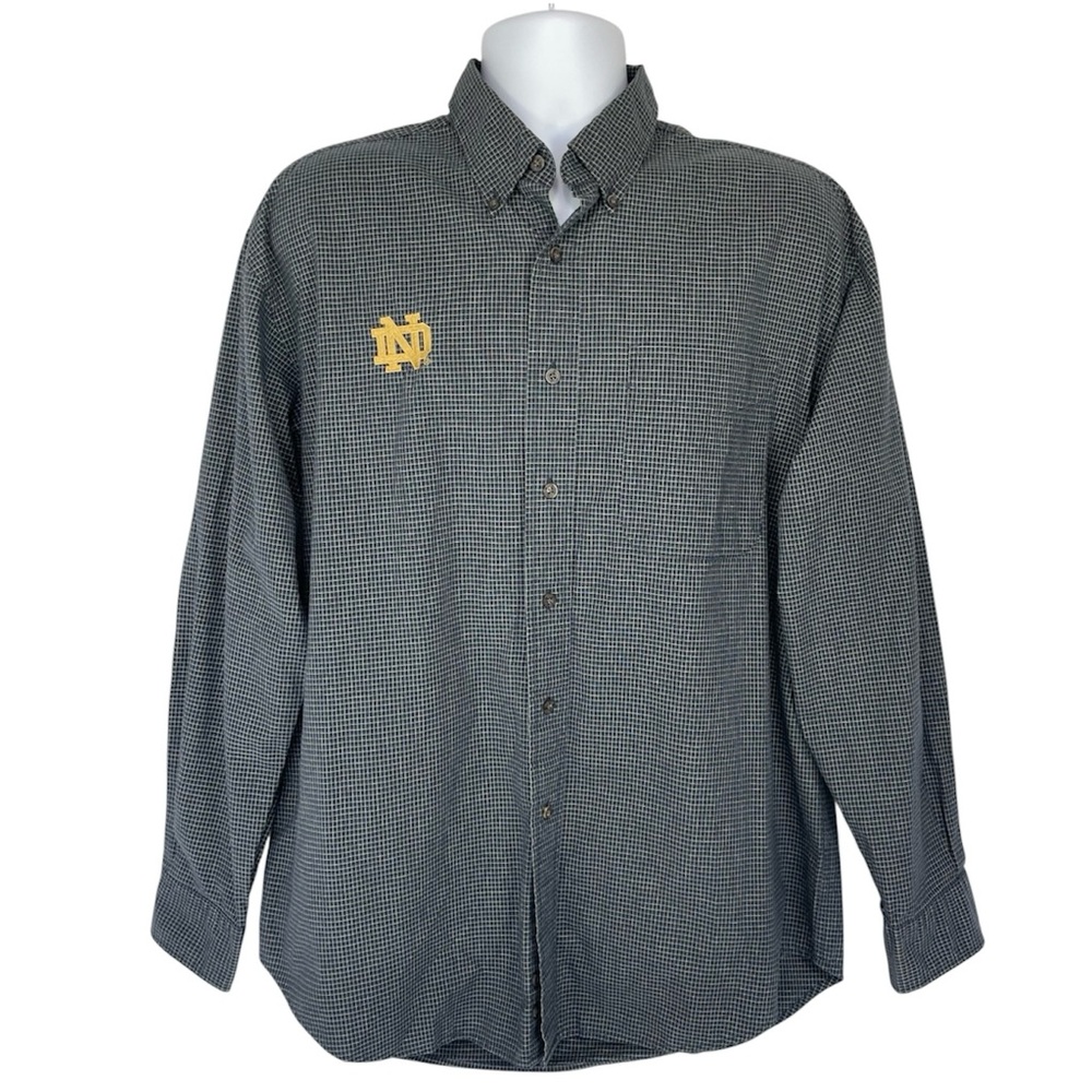 Vintage Notre Dame Shirt Mens L Navy Plaid Button Down Embroidered Logo